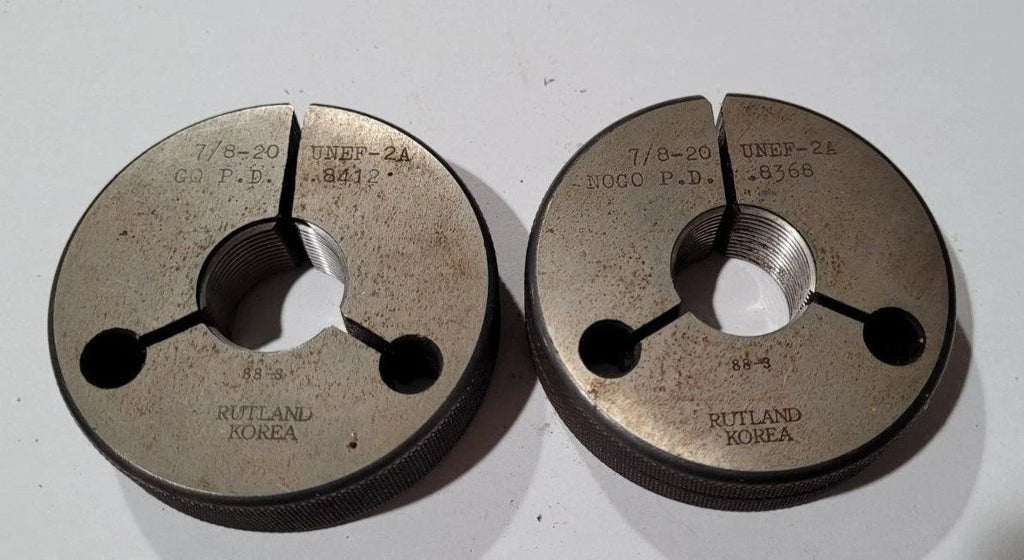 Set of 7/8-20 UNEF-2A GO & NO GO Set Thread Ring Gage P.D. .8412 & .8368 Gages