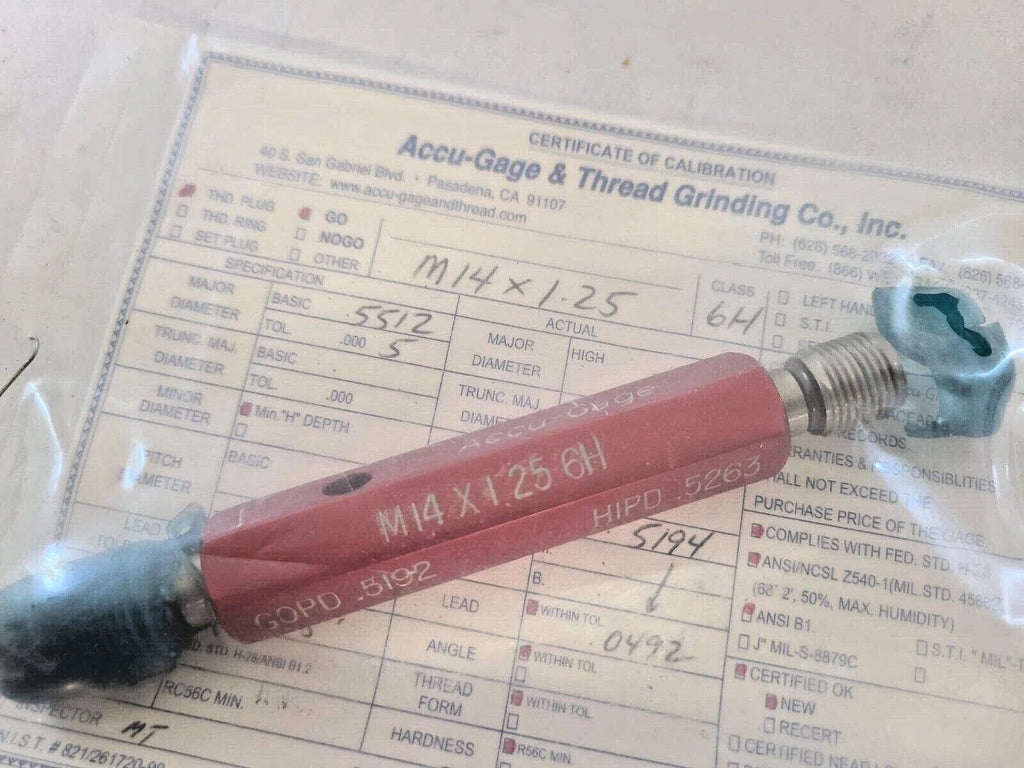 ACCU-GAGE THREAD PLUG GAGE M14 x 1.25 6H GO PD .5192 NO GO .5263