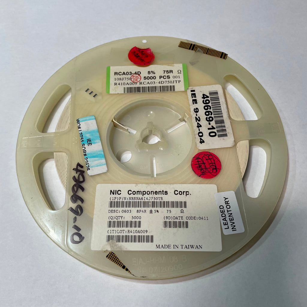 Reel of 3000 NIC COMPONENTS NRSNA6I4J750TR 0603 8P4R 5% 75 Ohm Resistor 49669-10