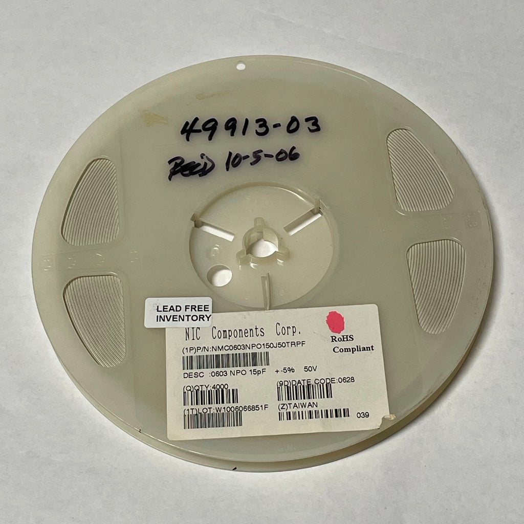 Reel of 4000 NIC COMPONENTS NMC0603NPO150J50TRPF 0603 15pF 5% 50V 49913-03