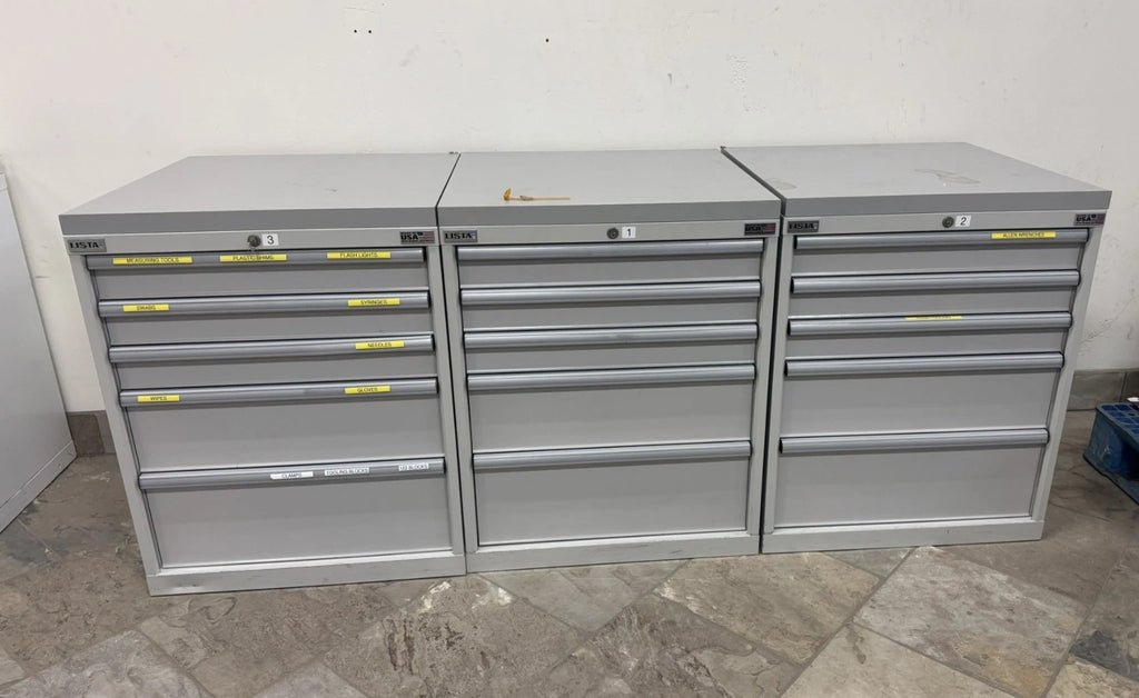 Lot of 3 Lista Cabinets 5 Drawers Industrial Tool Parts Storage 28” x 28.5” x35” Local Pickup