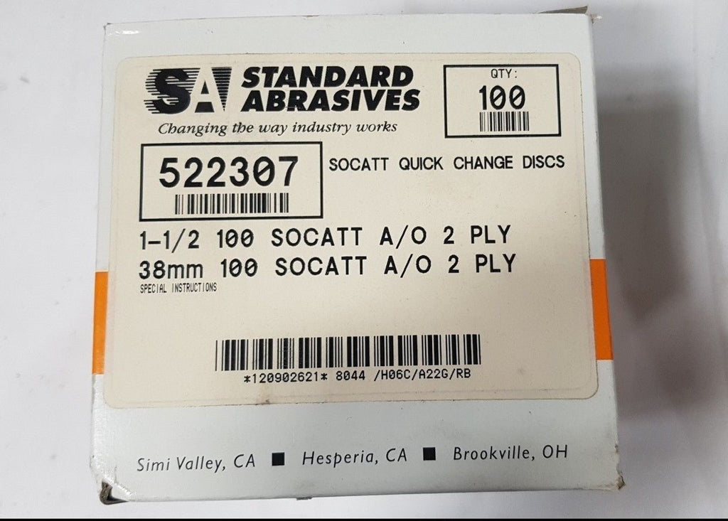 100 Pcs Standard Abrasives SOCATT Quick Change Disc Scotch 522307 1-1/2 2 PLY