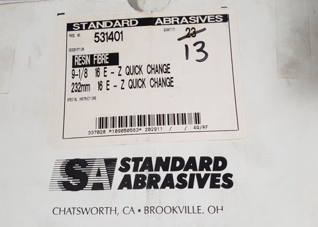13 Pcs Standard Abrasives 9-1/8 16 E-Z Resin Fibre Quick Change Disc 531401 New