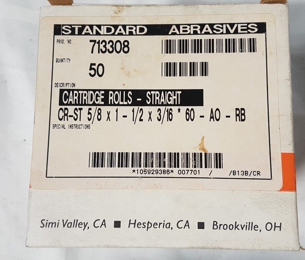 50 Pcs Standard Abrasives 713308 5/8" x 1" x 1/2" Straight Cartridge Rolls New