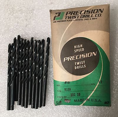 Lot of 12 High Speed Steel Drills PRECISION Twist Drills #18 R18A Made in USA