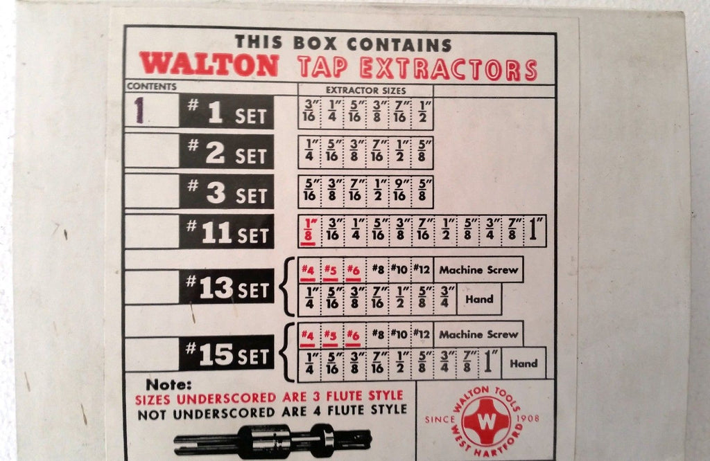 Walton Tools #1 Set of Tap Extractors 6 Piece box 4 Flute 18001 Made In USA