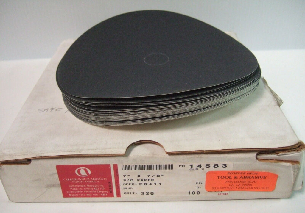 100 Discs Carborundum 7" x  7/8"  S/C Paper Pn 14583 Grit 320 New E0411 USA