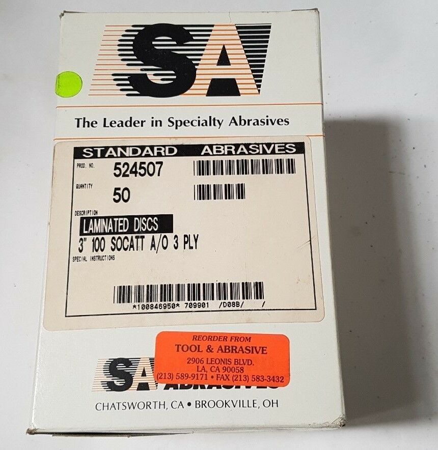 50 Pcs Standard Abrasives 100 SOCATT Laminated Discs Scotch 524507 3" A/O 3 PLY