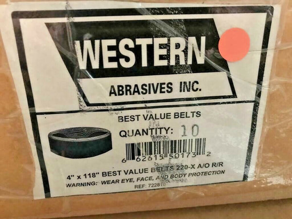 10 Western Abrasive Best Value Sanding Belt 4" x 118" 220-X A/O R/R Brand New