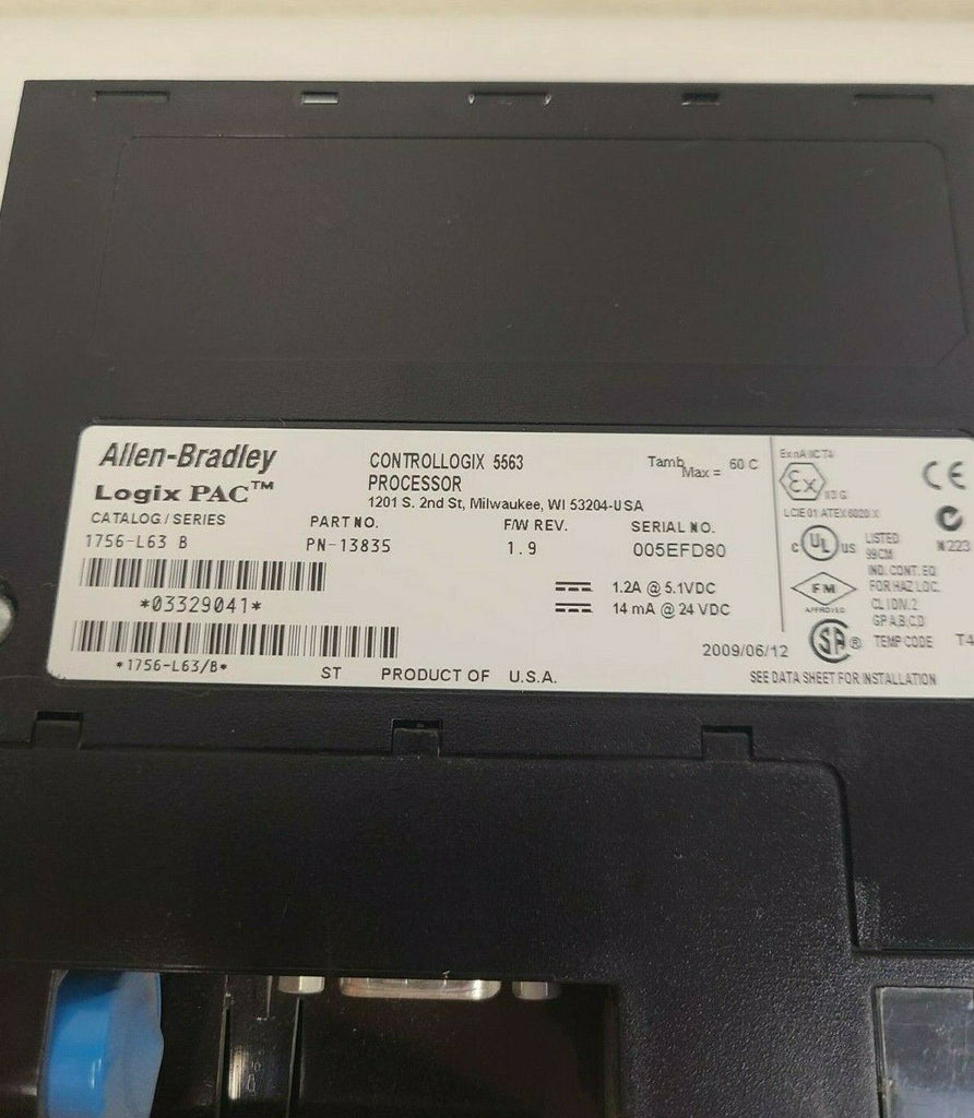 Allen Bradley ControlLogix 1756-L63 B F/W Rev 1.9 Logix 5563 Processor Unit PLC