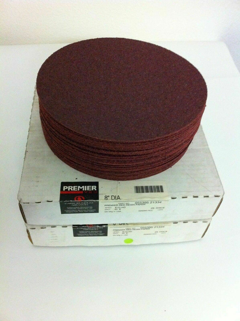 100 Discs Carborundum Abrasives 8" Dia Premier Red Resin Paper 40 Grit E1214O