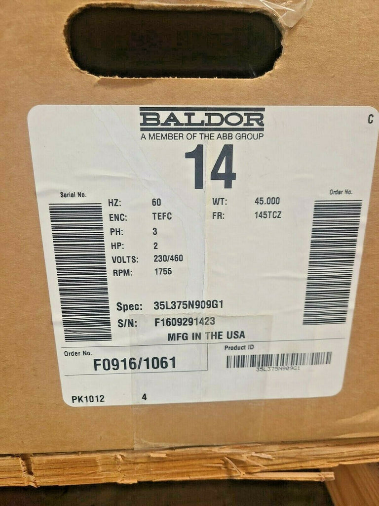 Brand New Box Baldor Motor 2 HP 230/460 14 3ph 1755 RPM FR 145TCZ 35L375N909G1