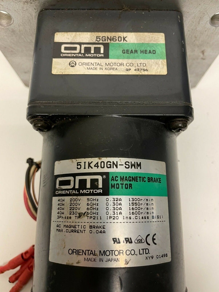 ORIENTAL MOTOR SPEED CONTROL 5IK40GN-SWM AC MAGNETIC Brake GEAR HEAD 5GN60K