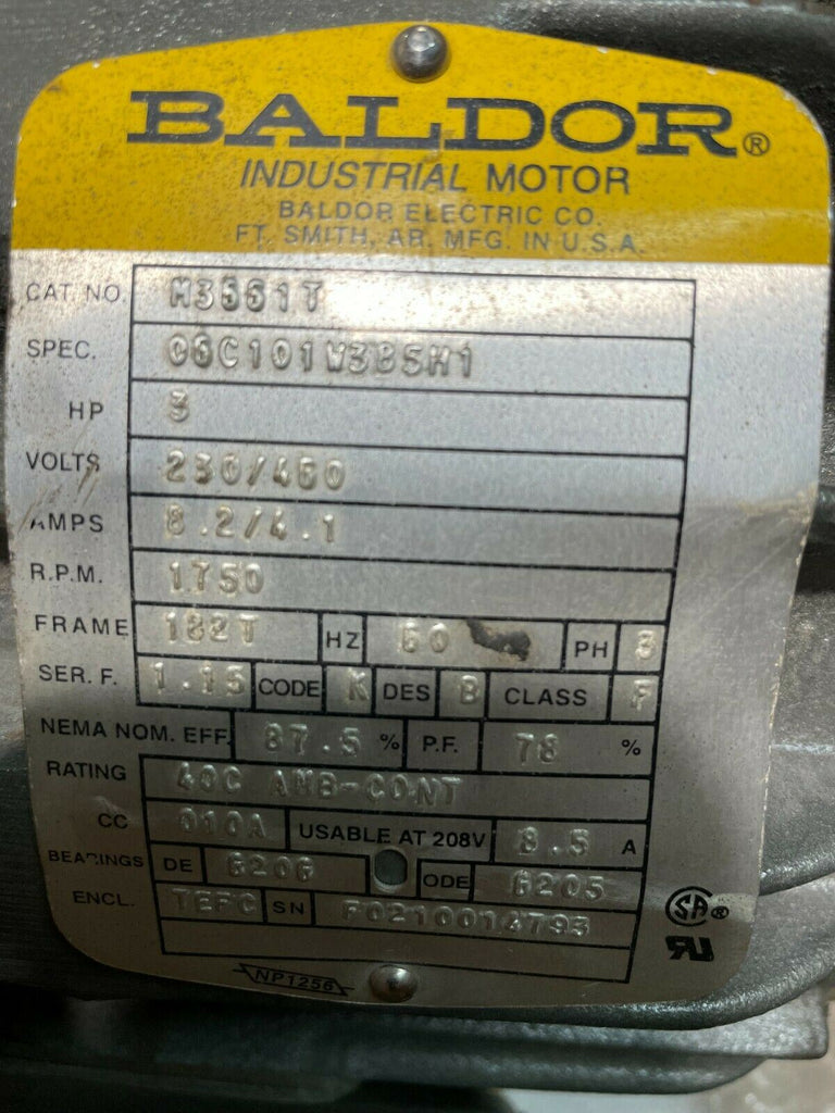 Baldor Industrial AC Motor M3661T 3HP 230/460V 1750 RPM 3Ph 60Hz