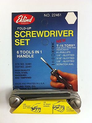 Eklind Fold-up Screwdriver Set 6 Tools Torx Philips Slotted Scratch Awl USA