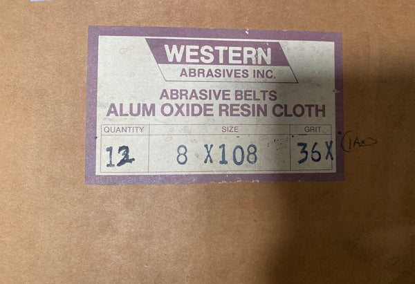 12 Western Abrasive Sanding Belt 8" x 108" Size 36 Grit ALUM OXIDE RESIN CLOTH