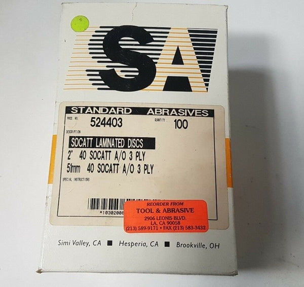 100 Pcs Standard Abrasives 40 SOCATT Laminated Discs Scotch 524403 2" A/O 3 PLY