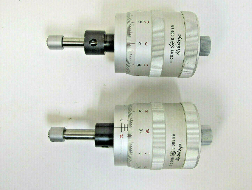 Lot of 2 Mitutoyo 0-25 mm Micrometer Heads for XY Stage .0005" Graduation Japan