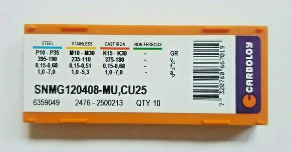 10 Pcs CARBOLOY SNMG 120408-MU CU25 Carbide Inserts Lathe Tools New