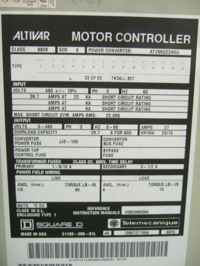 SQUARE D ALTIVAR 8339  Motor Controller Control Power Converter ATV66D23N4U 66