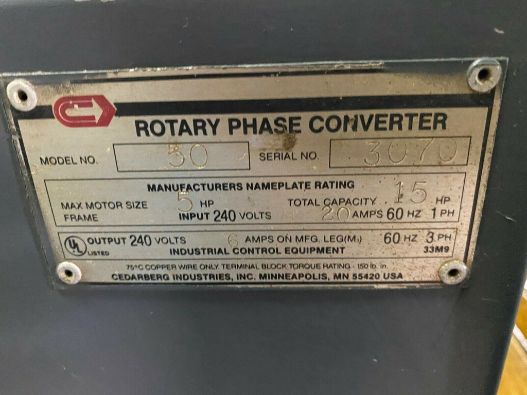 Cedarberg Heavy Duty Rotary Type Phase Converter Model 50 5 HP
