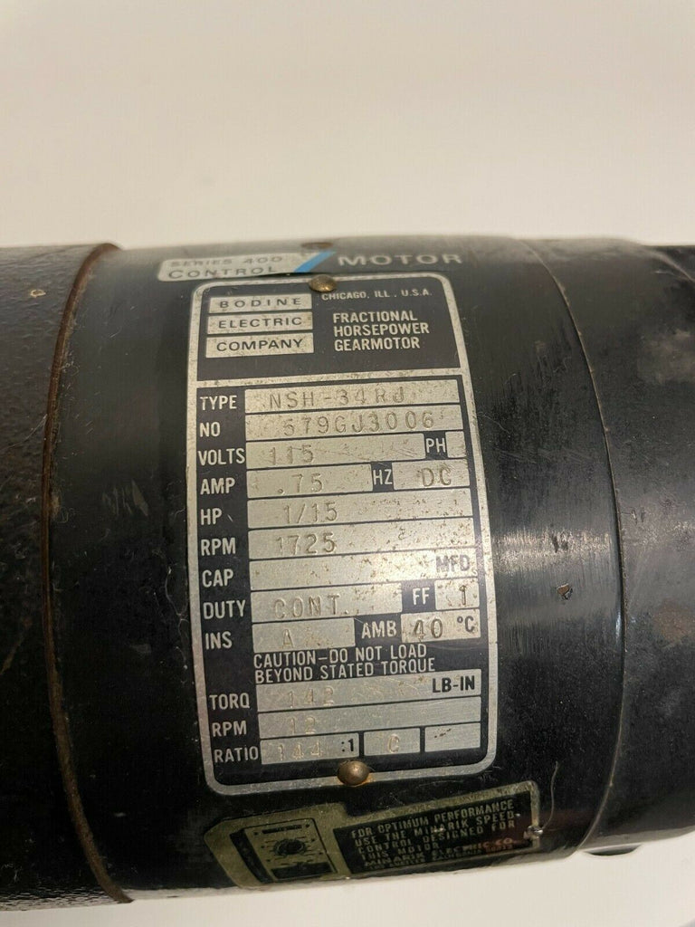 Bodine NSH-34RJ DC Gearmotor 1/15 HP 115V Fractional Horsepower Ratio 144:1