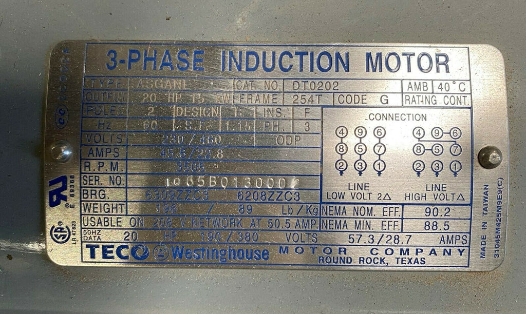 Teco Westinghouse 20HP 3 Phase Induction Motor 3505 RPM 230 460 Volt