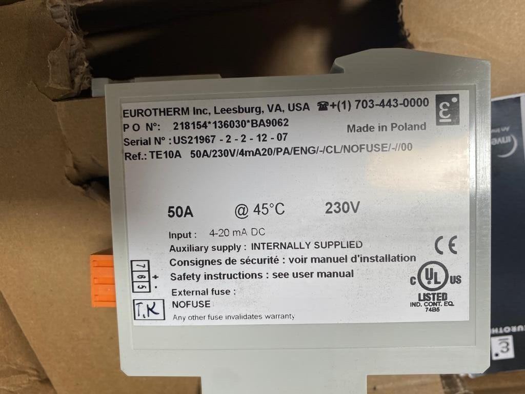 EUROTHERM TE10A 50A/230V/4mA20/PA/ENG/-/CL/NOFUSE/- 00 THYRISTOR POWER