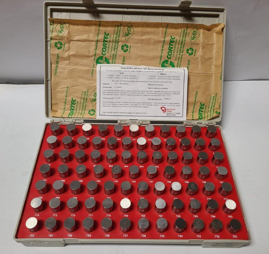 VERMONT GAGE 101200800 CLASS ZZ PIN GAGE SET (-) .7510-.8320″