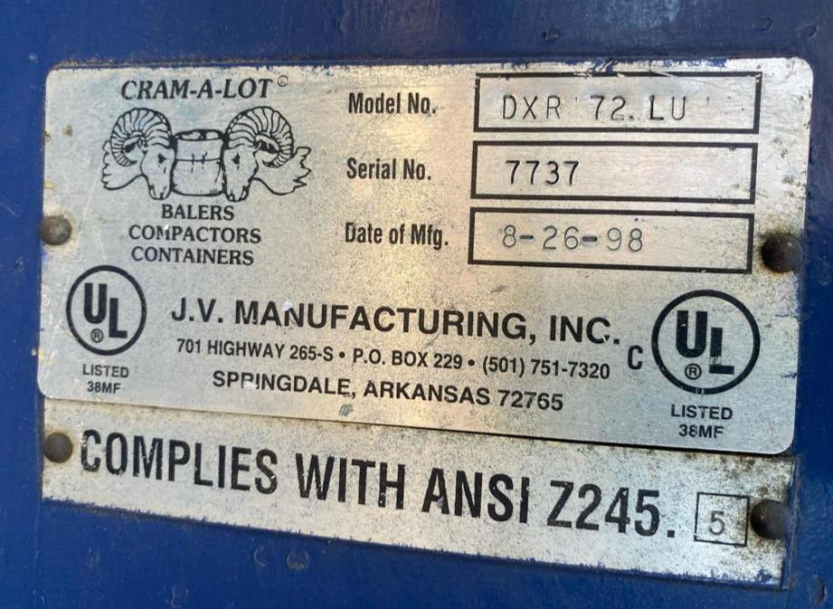 15HP CRAM-A-LOT DXR 72. LU Baler Cardboard Compactor 30 x 72