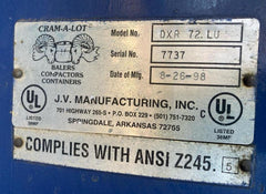 15HP CRAM-A-LOT DXR 72. LU Baler Cardboard Compactor 30 x 72