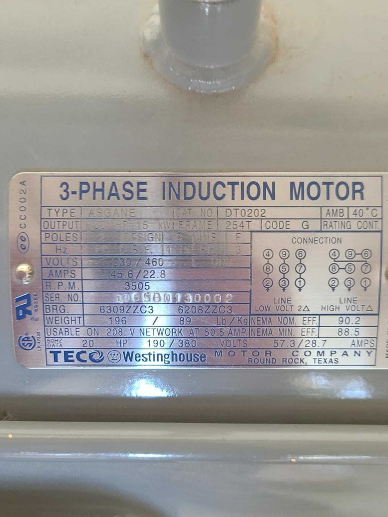 Teco Westinghouse 20HP 3 Phase Induction Motor 3505 RPM Asgane DT0202