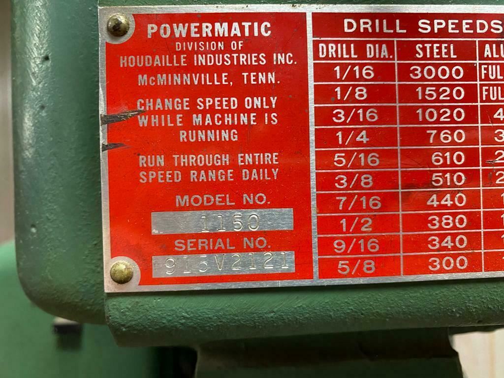 Powermatic Model 1150 Variable Speed Drill Press Made in USA