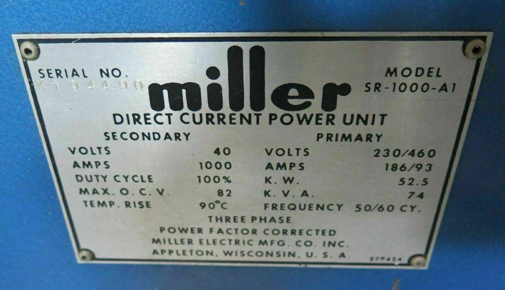 Miller Welder 1000 Amps Direct Current Power Supply Unit Model SR-1000-A1