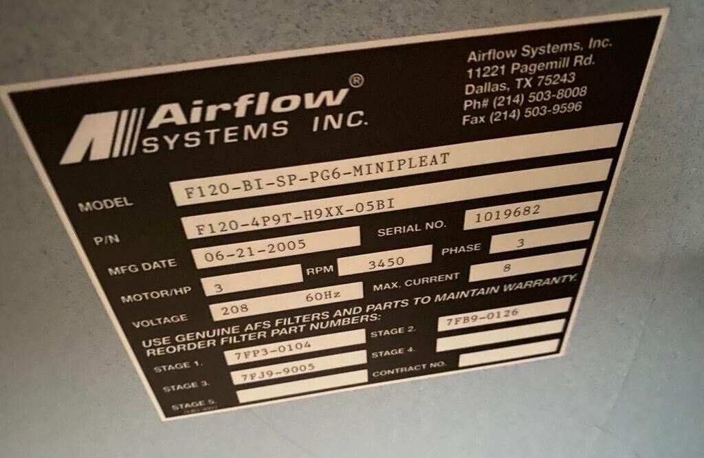 Airflow Systems F120 Air Cleaner Dust Collector 3 HP Blower 3 Phase Made in USA Local Pickup