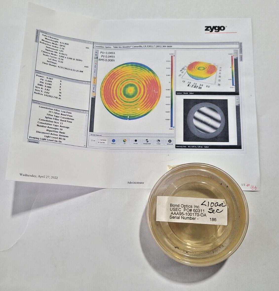 3" Optical Flat Accuracy 0.049 Wave Very Nice Bond Optics
