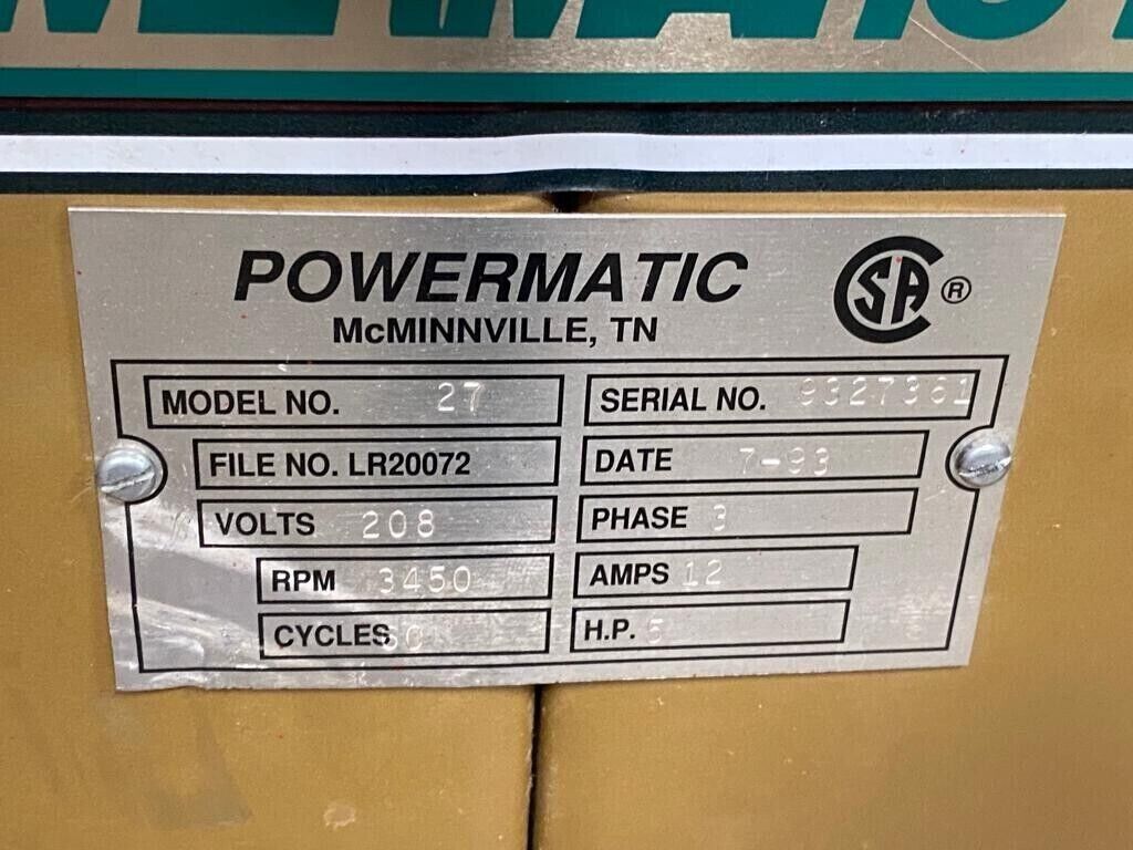 Powermatic 27 Shaper 5 HP Motor Made in USA 3 Phase 208 V Woodworking Machinery