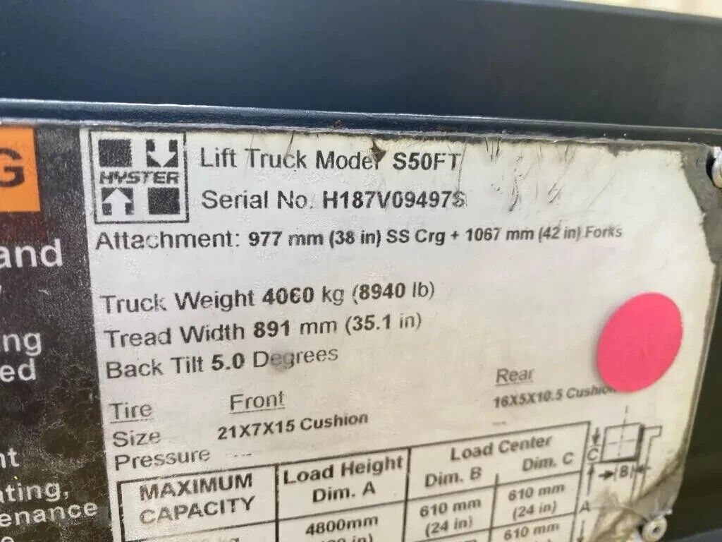 2018 Hyster S50FT 5000 Lb Forklift 3 Stage Mast 189” Lift 50 Fortis