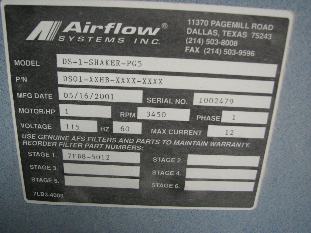 Airflow Systems Dust Collector Blower Model DS-1-SHAKER-PG5 Single Phase Nice