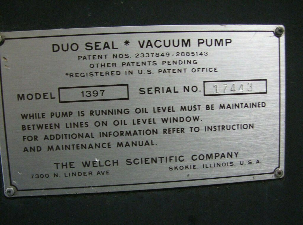 Welch Duo Seal Two Stage High Vacuum Pump Model 1397