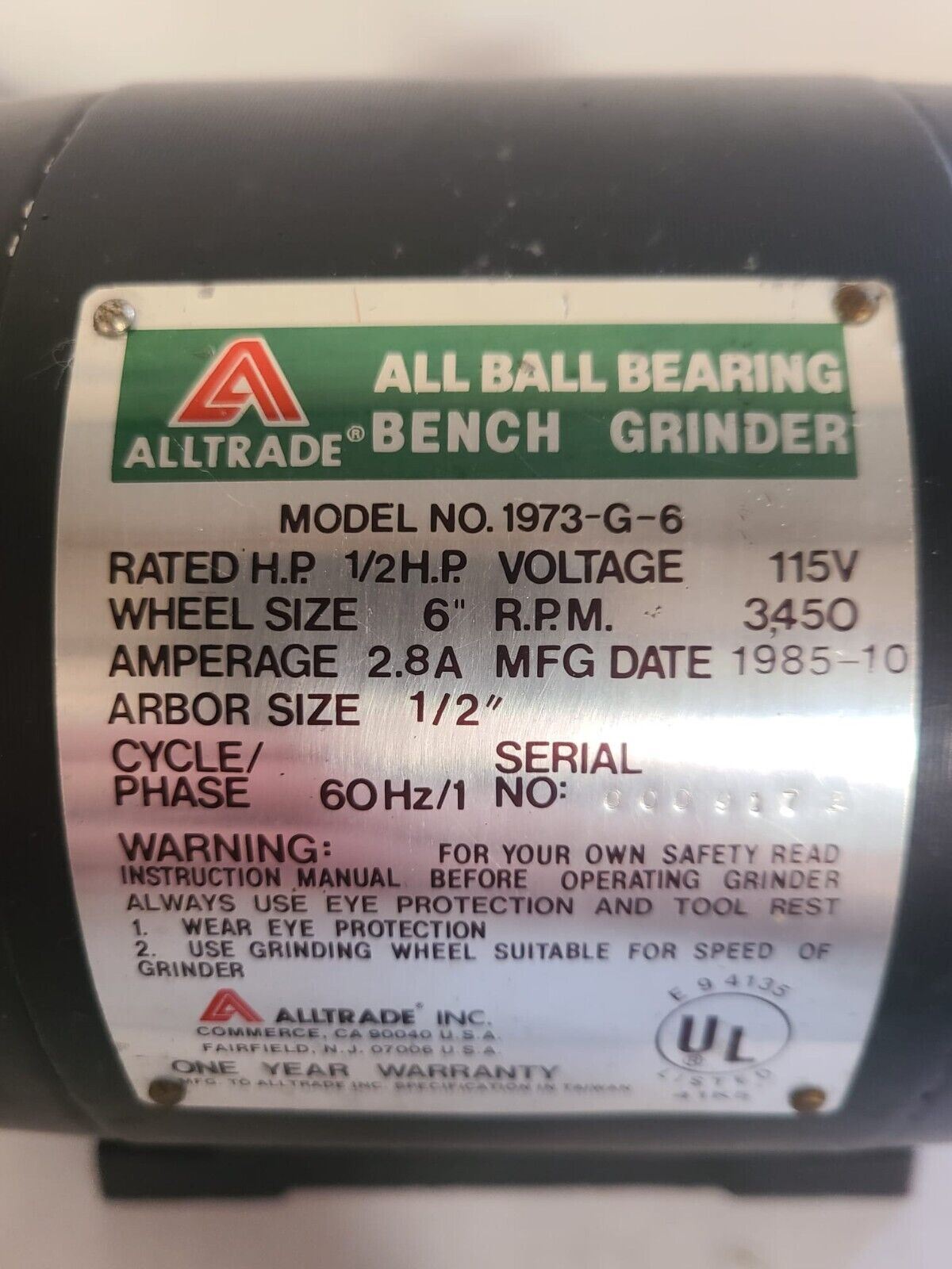 ALLTRADE 6" Bench Grinder Model 1973G6 heavy duty all ball bearing