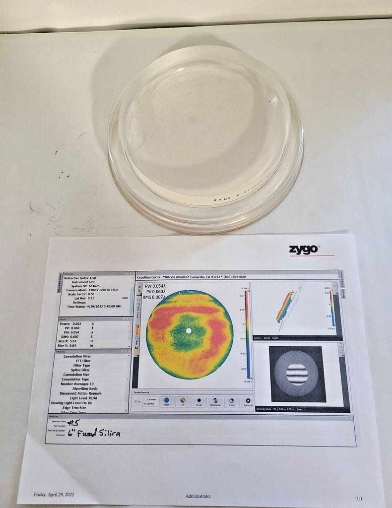 6" Optical Flat Fused Silica Accuracy 0.060 Wave Very Nice