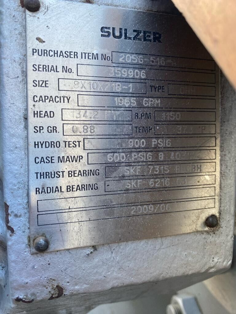 Sulzer OHH 8x10x21B-1 Horizontal Centrifugal Process Pump Reliance 100 HP Motor