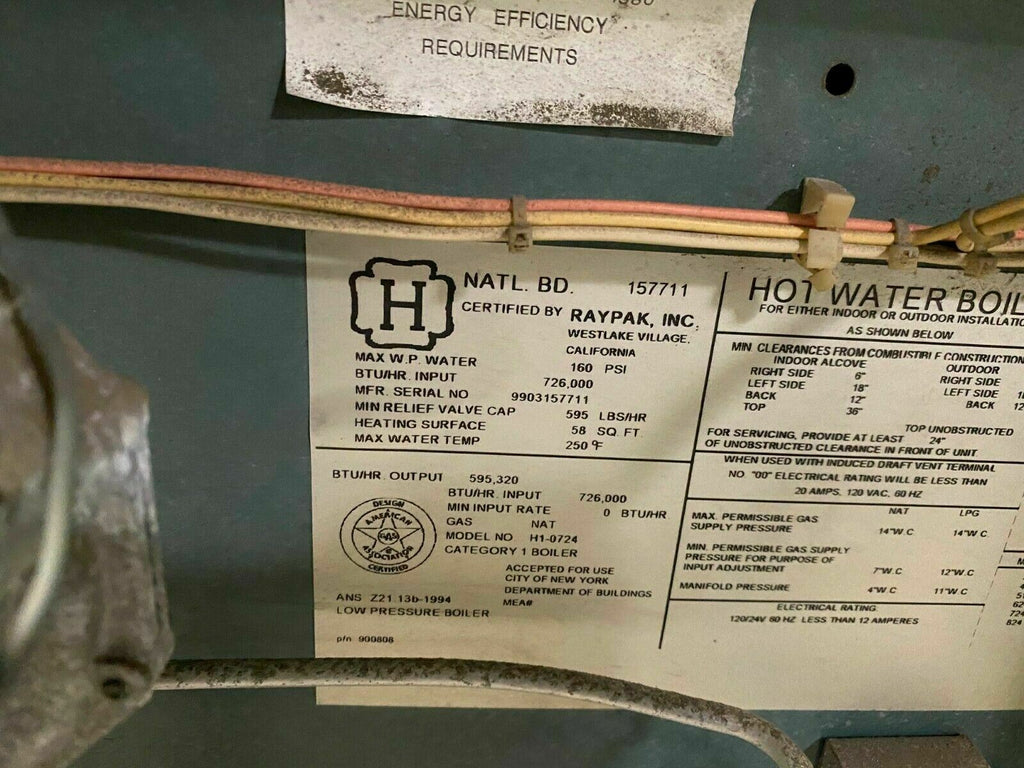 RAYPAK Gas Hot Water Boiler 160 PSI 726,000 BTU Model H1-0724 Indoor Or Outdoor