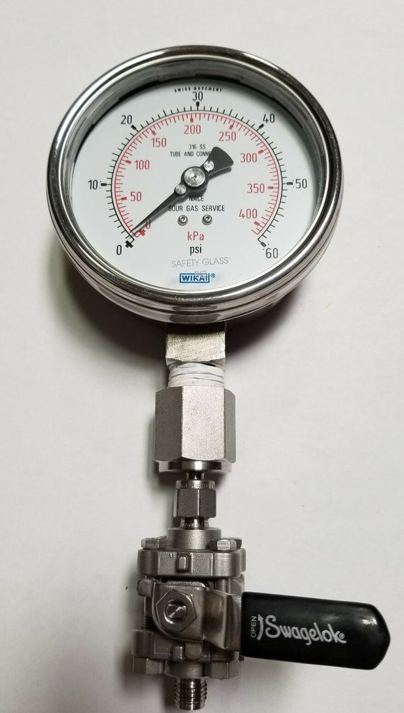 Wika 316SS Pressure Gauge Tube and Connection 0-60KPA/PSI Swagelok CF3M Valve