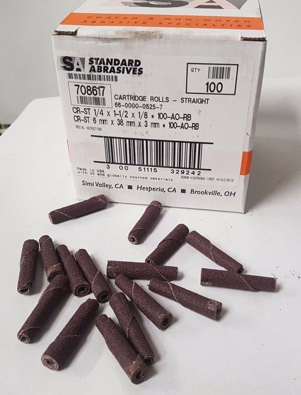100 Pcs Standard Abrasives 708617 1/4" x 1-1/2" x 1/8" Straight Cartridge Rolls