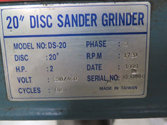 Elephant 20″ Disc Sander Grinder Model DS-20 Baldor Motor 2 HP 3 Phase Free Shipping