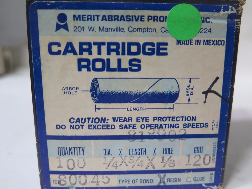 100 Pcs MERIT Cartridge Rolls 1/4 x 3/4 x 1/8 Grit 120 PN: 80045 Brand New