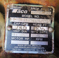 Taco FI 4011 Water End Suction Centrifugal Pump 450 GPM 40 HP Baldor Motor 2006