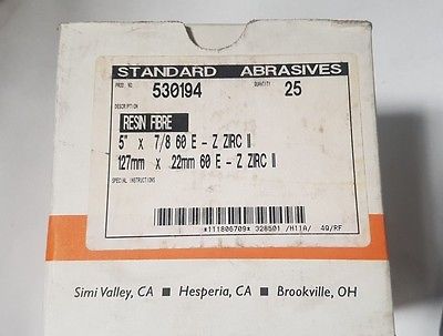 Standard Abrasives 530194 Resin Fibre 5" x 7/8 60 E - Z Zirc II 25 Pcs New USA